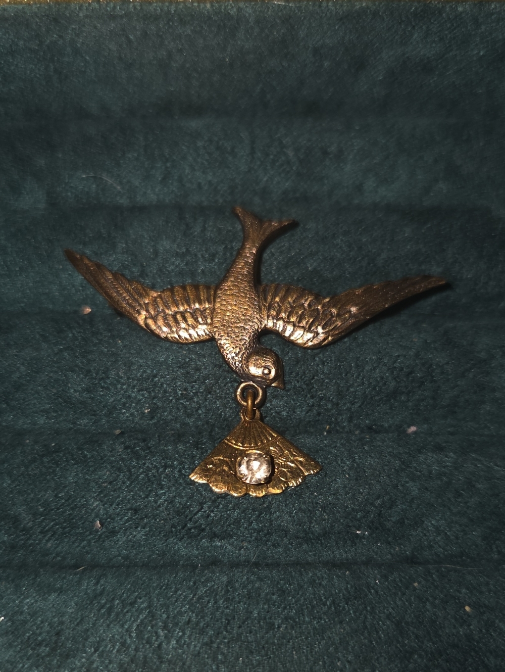 Antique Gold Filled Swallow Bird Carrying A Fan Brooch